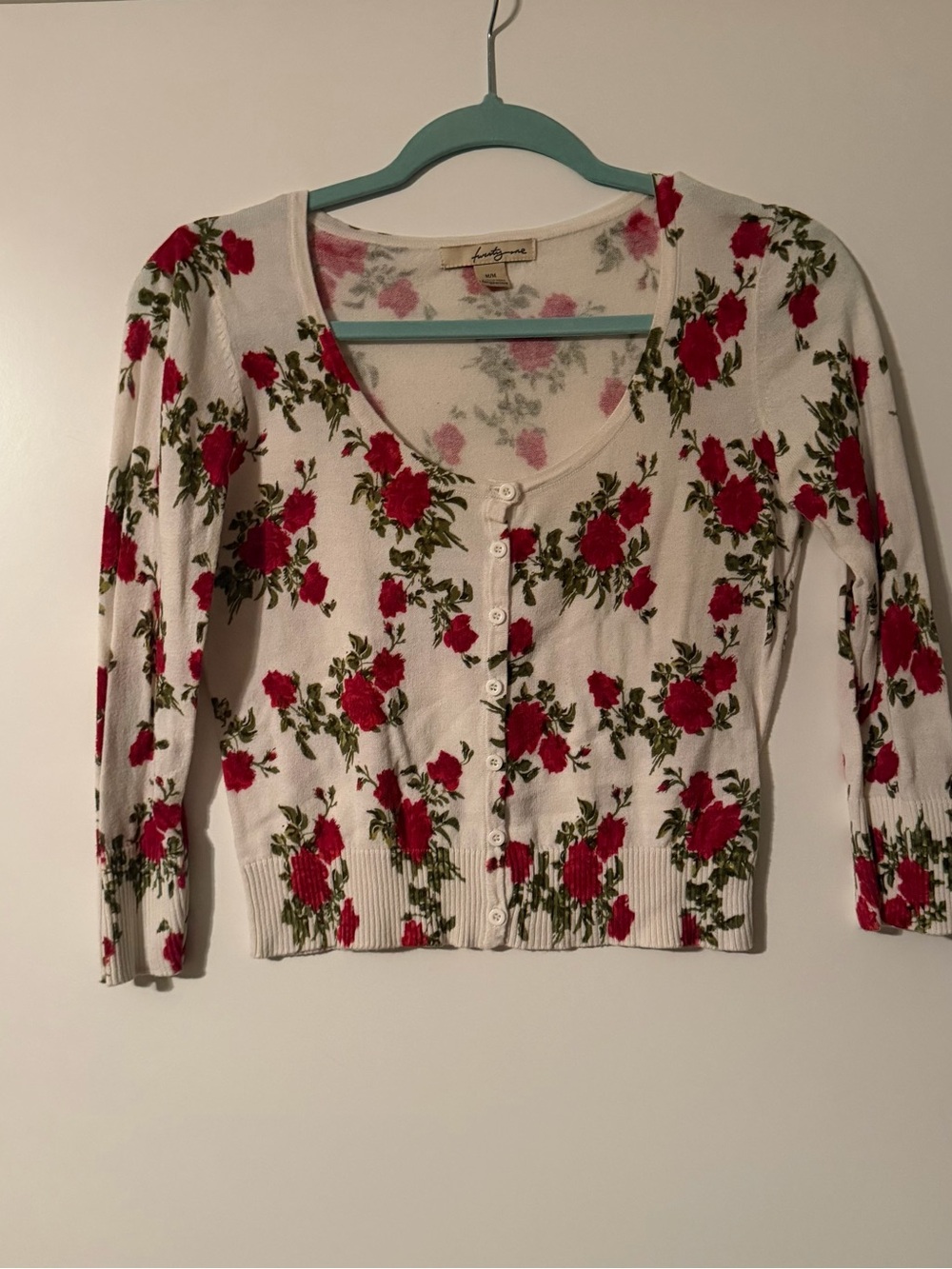 Forever 21 White Cardigan with Red Rose Print